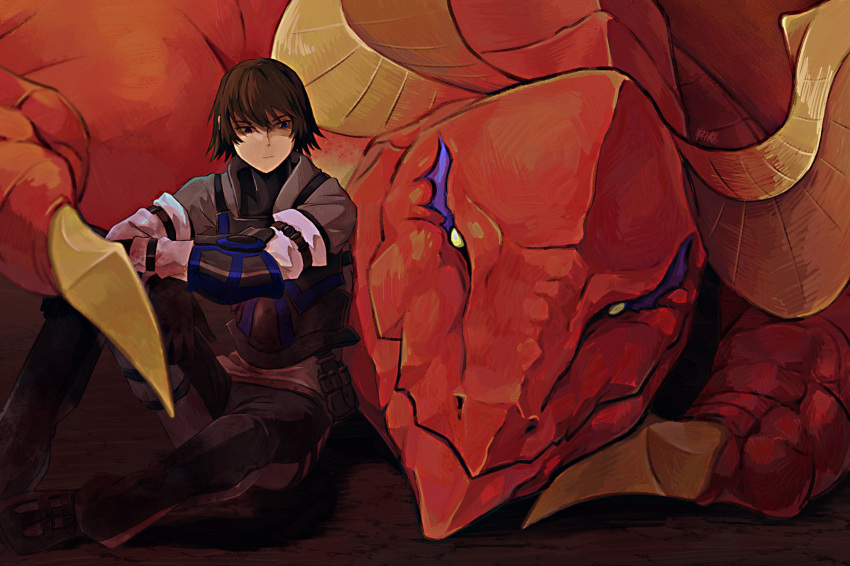 1boy 1other angel_(drag-on_dragoon) armor black_hair blue_eyes caim_(drag-on_dragoon) closed_mouth drag-on_dragoon dragon expressionless grey_pants hair_between_eyes highres knee_up looking_at_another male_focus pants shaded_face short_hair sitting syouryuu