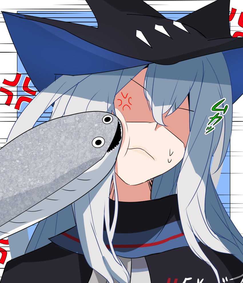 1girl absurdres akabeko123 anger_vein arknights closed_mouth commentary_request faceless faceless_female fish highres long_hair no_eyes sacabambaspis skadi_(arknights) solo sound_effects