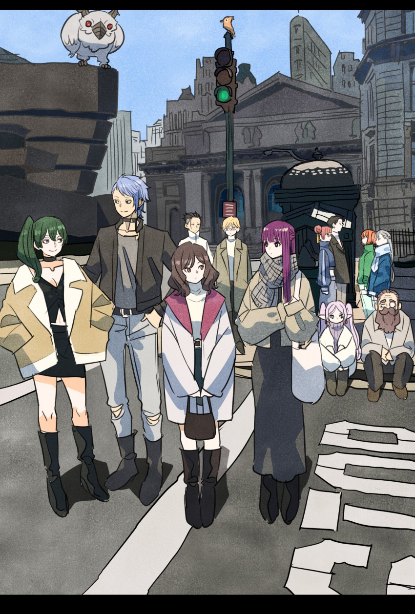 5boys 6+girls bag beard belt bird black_dress black_footwear black_hair black_jacket black_skirt blonde_hair blue_hair blue_jacket boots brown_hair building choker coat contemporary cropped_jacket day denken_(sousou_no_frieren) dress earrings ehre_(sousou_no_frieren) elf eye_contact facial_hair facing_viewer fern_(sousou_no_frieren) frieren glasses green_hair green_jacket grey_hair grey_jacket grey_scarf hair_bun hair_ornament half_updo hand_in_pocket hands_in_pockets highres holding holding_bag intersection jacket jewelry kanne_(sousou_no_frieren) knee_boots knees_up land_(sousou_no_frieren) laufen_(sousou_no_frieren) lawine_(sousou_no_frieren) long_beard long_hair long_sleeves looking_at_another looking_to_the_side low-tied_long_hair midriff miniskirt monocle monster multiple_boys multiple_girls old old_man on_ground one_side_up orange_hair outdoors pointy_ears purple_hair redhead ribbed_sweater richter_(sousou_no_frieren) road_sign scarf scharf_(sousou_no_frieren) short_hair short_sleeves shoulder_bag side-by-side side_ponytail sideways_glance sign single_side_bun sitting skirt sky sleeveless sleeveless_turtleneck smile sousou_no_frieren standing straight_hair sweater takeuchi_ryousuke traffic_light turtleneck twintails ubel_(sousou_no_frieren) very_long_hair white_jacket white_scarf winter_clothes wirbel_(sousou_no_frieren) wrinkled_skin yellow_coat zettai_ryouiki