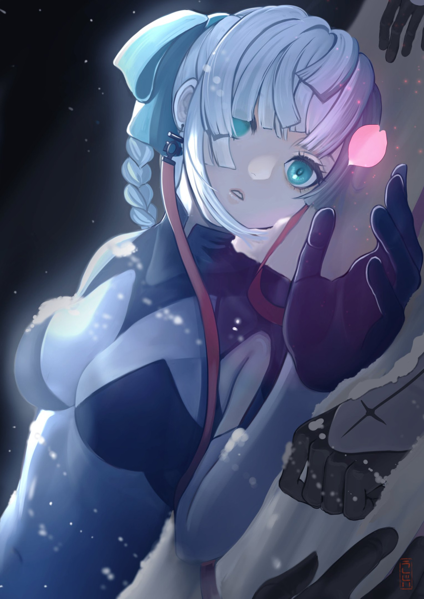 1girl aqua_eyes bodysuit bow braid breasts cherry_blossoms earrings fate/grand_order fate/samurai_remnant fate_(series) grey_hair hair_bow highres jewelry long_hair lying medium_breasts on_back parted_lips petals skin_tight snow solo_focus ushijiya yui_shousetsu_(fate) yui_shousetsu_(first_ascension)_(fate)