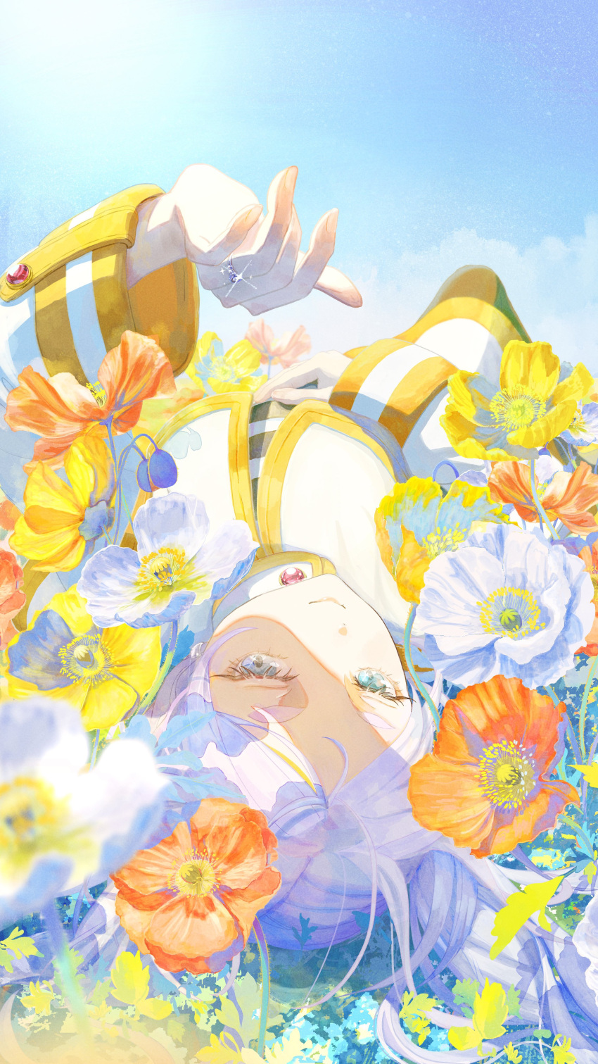 1girl absurdres blue_sky capelet field flower flower_field frieren green_eyes hand_on_own_stomach highres jewelry knee_up lying nakauma on_back parted_bangs ring shirt sky smile solo sousou_no_frieren striped_clothes striped_shirt twintails white_capelet white_hair