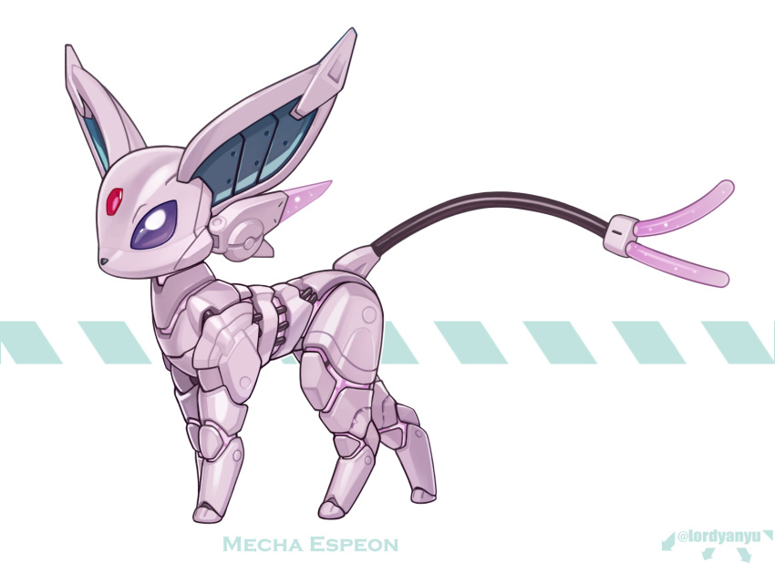 artist_name character_name english_text espeon forehead_jewel full_body looking_at_viewer lordyanyu mechanization no_humans pokemon pokemon_(creature) robot simple_background solo tail violet_eyes white_background