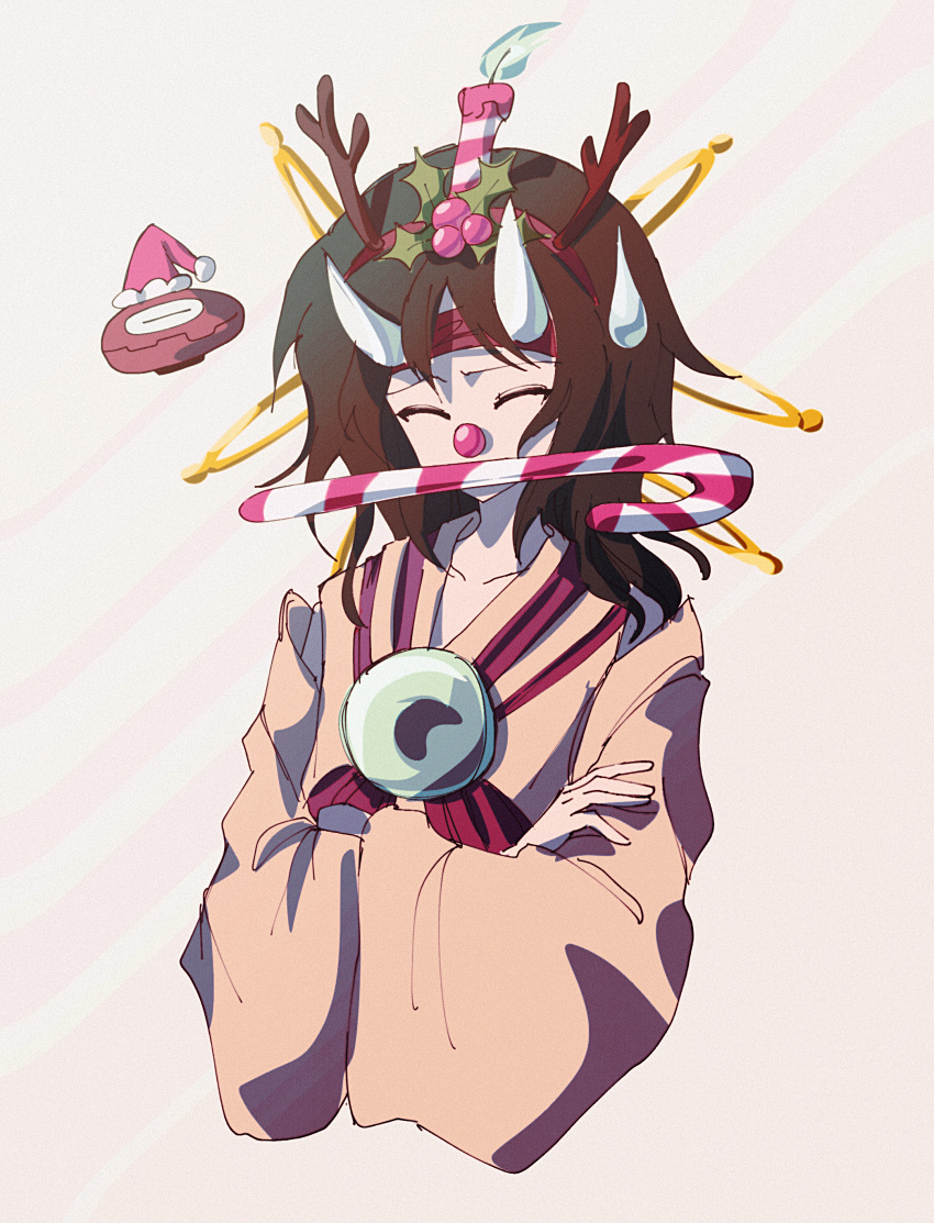 1other absurdres androgynous antlers atoymk black_hair blue_fire brown_kimono burabura candle_on_head candy candy_cane christmas closed_eyes crossed_arms fake_antlers fire food hair_ornament hairband hairclip hat headband highres holly_hair_ornament horns japanese_clothes kimono len'en long_sleeves medium_hair mouth_hold object_on_head other_focus red_hairband red_headband reindeer_antlers santa_hat sweatdrop taira_no_chouki upper_body white_horns wide_sleeves