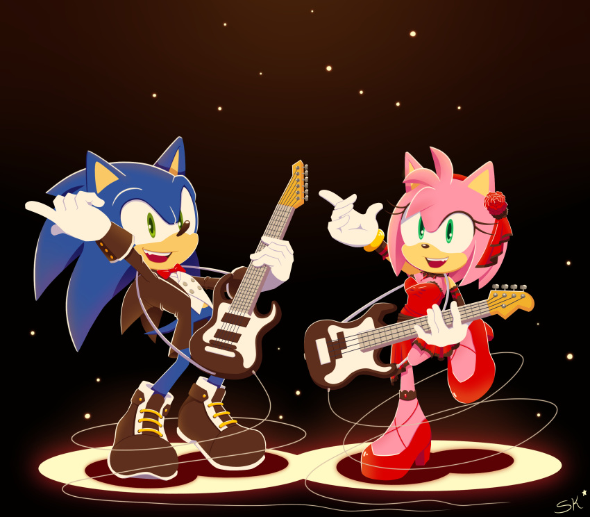 1boy 1girl 7starlightkitty7 absurdres amy_rose artist_name black_footwear blue_fur bow bowtie cable dark_room dress electric_guitar flower furry furry_female furry_male gloves green_eyes guitar hair_flower hair_ornament headband hedgehog hedgehog_ears hedgehog_tail highres holding holding_instrument instrument open_mouth pink_fur pointing pointing_up red_bow red_bowtie red_dress red_footwear rose sonic_(series) sonic_the_hedgehog spotlight tuxedo white_gloves