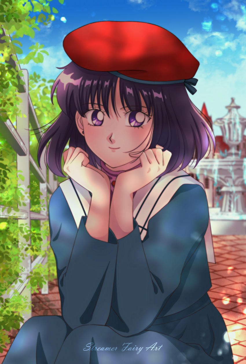 1girl artist_name beret bishoujo_senshi_sailor_moon blue_dress blurry blurry_background bush clouds cloudy_sky cobblestone day dress fence hat highres koya leaf looking_at_viewer outdoors purple_hair red_headwear sailor_collar shaded_face short_hair sitting sky solo tomoe_hotaru violet_eyes white_sailor_collar