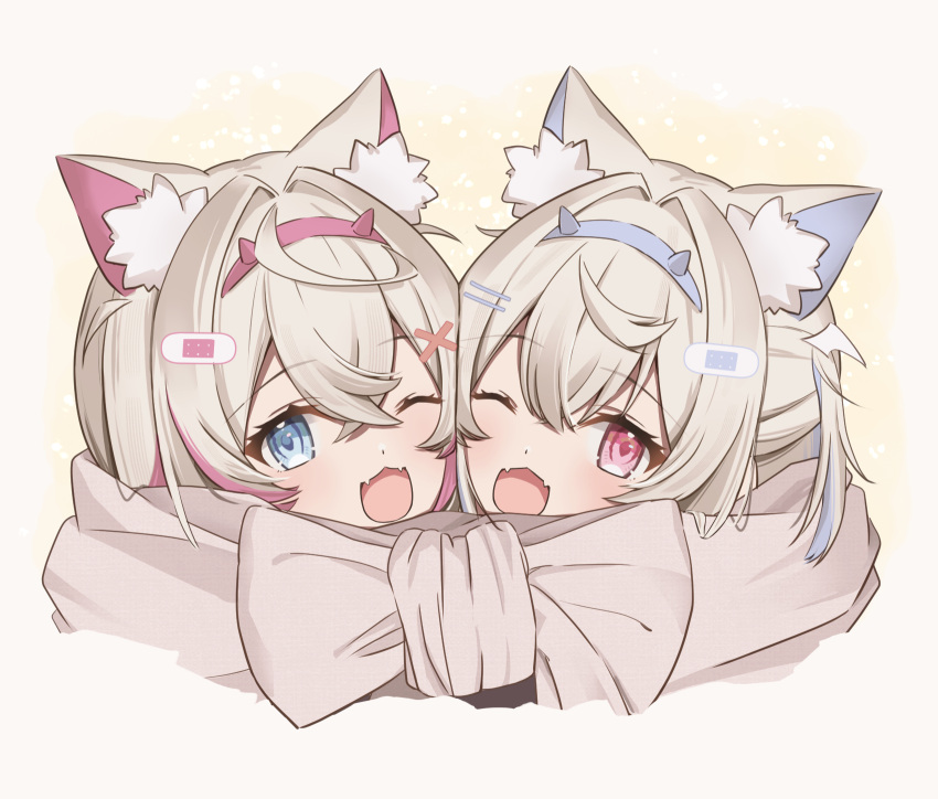 2girls :3 animal_ear_fluff animal_ears annin_oekaki bandaid bandaid_hair_ornament blonde_hair blue_eyes blue_hair brown_background brown_scarf crossed_bangs dog_ears dog_girl fake_horns fangs fuwawa_abyssgard gradient_background hair_between_eyes hair_intakes hair_ornament hairband hairpin highres hololive hololive_english horns looking_at_viewer mococo_abyssgard multicolored_hair multiple_girls one_eye_closed open_mouth pink_eyes pink_hair portrait scarf shared_clothes shared_scarf skin_fangs smile streaked_hair white_background x_hair_ornament