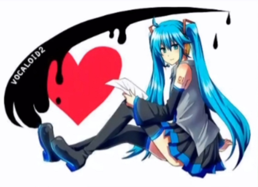 39 absurdres aqua_eyes aqua_hair aqua_nails aqua_necktie artist_request black_sleeves detached_sleeves english_text full_body grey_shirt hatsune_miku headphones headset heart highres holding holding_paper ink long_hair looking_at_viewer necktie non-web_source paper shirt sitting solo source_request twintails very_long_hair vocaloid