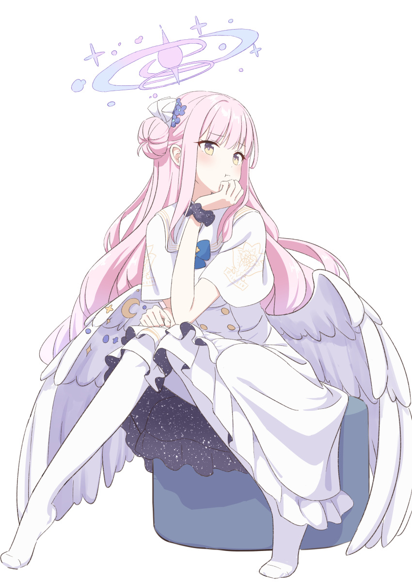 absurdres angel_wings blue_archive blush closed_mouth eyebrows_hidden_by_hair feathered_wings flower hair_bun hair_flower hair_ornament halo highres long_hair mika_(blue_archive) mirinkanten no_shoes pantyhose pink_hair purple_flower short_sleeves sitting solo wings yellow_eyes