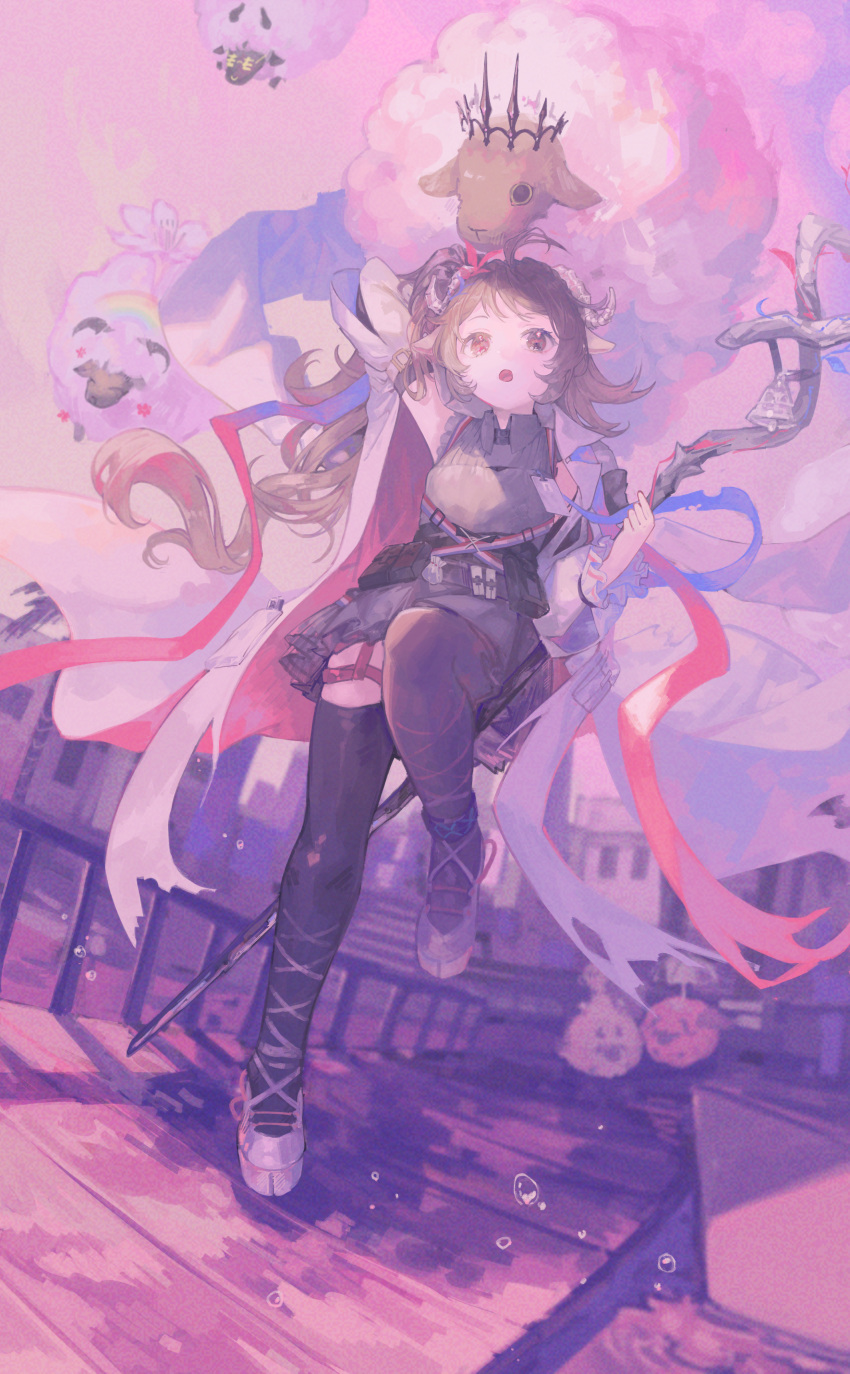 1girl :o absurdres animal_ears arknights black_thighhighs brown_hair commentary_request dress dutch_angle eyjafjalla_(arknights) eyjafjalla_the_hvit_aska_(arknights) grey_dress highres holding holding_staff horns long_hair looking_at_viewer miike_(992058) open_mouth pink_eyes railing sheep shoes short_dress solo staff standing standing_on_one_leg thigh-highs very_long_hair