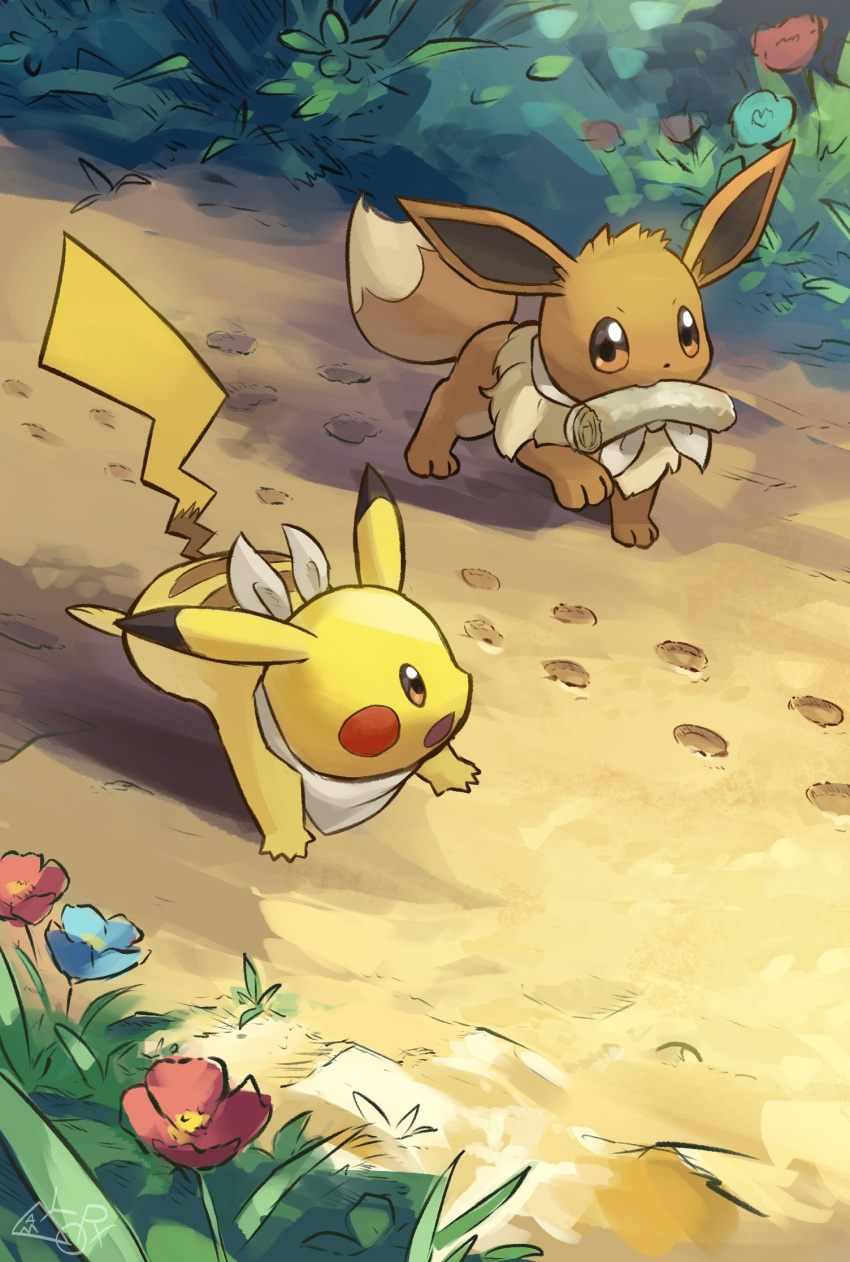 bandana blue_flower commentary eevee flower footprints grass hakkentai_pokedan highres looking_at_another no_humans outdoors paper_in_mouth path pikachu pokemon pokemon_(creature) red_flower signature