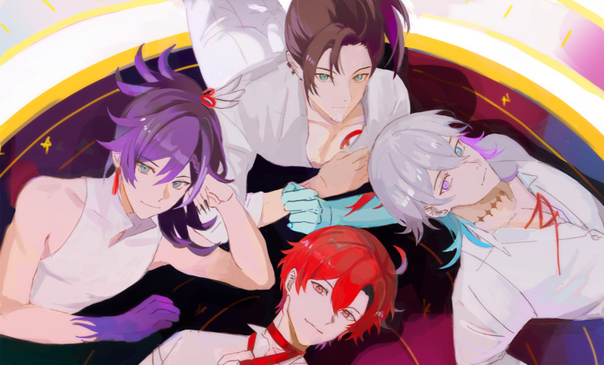 4boys ahoge alternate_costume banzoin_hakka bare_shoulders black_hair blue_eyes blue_skin closed_mouth colored_skin diamond_choker earrings english_commentary facial_hair from_above gavis_bettel green_eyes grey_hair hair_between_eyes happy_anniversary heterochromia high_ponytail highres holostars holostars_english holotempus jewelry josuiji_shinri lau_135 long_hair looking_at_viewer lying machina_x_flayon male_focus multicolored_hair multiple_boys on_back on_side on_stomach open_clothes open_shirt pectorals pink_eyes pink_hair purple_hair purple_skin red_eyes red_ribbon redhead ribbon shadow shirt short_hair smile stubble upper_body virtual_youtuber white_shirt