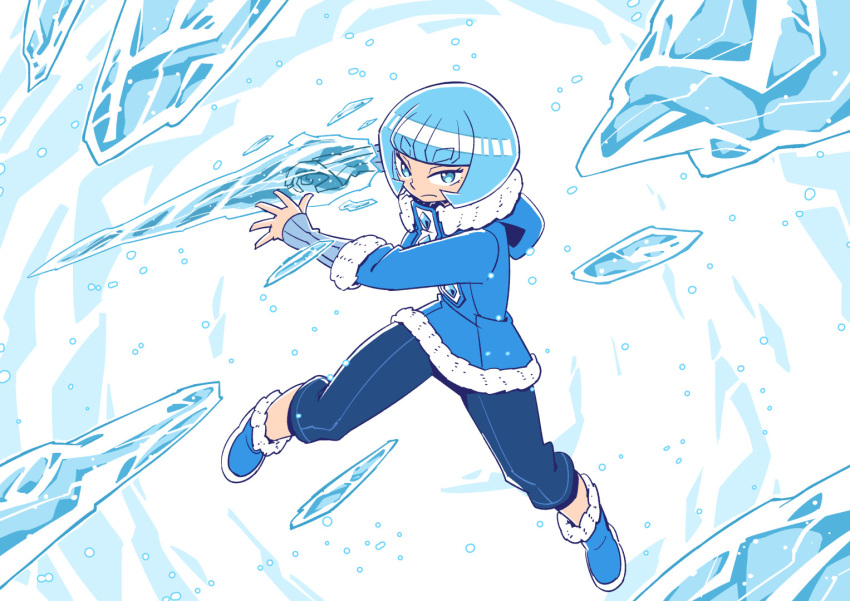 1girl arm_blade arm_warmers blue_eyes blue_hair blue_jacket blue_theme blunt_bangs bob_cut boots cryokinesis frown full_body fur-trimmed_boots fur-trimmed_jacket fur-trimmed_sleeves fur_trim hood hood_down hooded_jacket ice incoming_attack inverted_bob jacket long_sleeves looking_at_viewer original reina_(sunafuki_tabito) snow solo sunafuki_tabito weapon winter_clothes