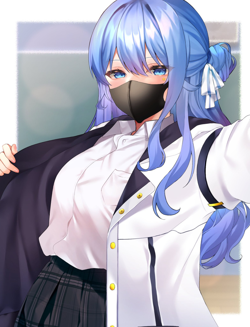 1girl arm_strap black_mask black_skirt blue_eyes blue_hair blush breast_pocket breasts ch_r_y collared_shirt commentary commission english_commentary hair_between_eyes hair_ribbon highres hololive hoshimachi_suisei jacket long_hair long_sleeves looking_at_viewer mask mouth_mask open_clothes open_jacket plaid plaid_skirt pocket ribbon school_uniform second-party_source shirt skeb_commission skirt solo virtual_youtuber white_jacket white_ribbon white_shirt