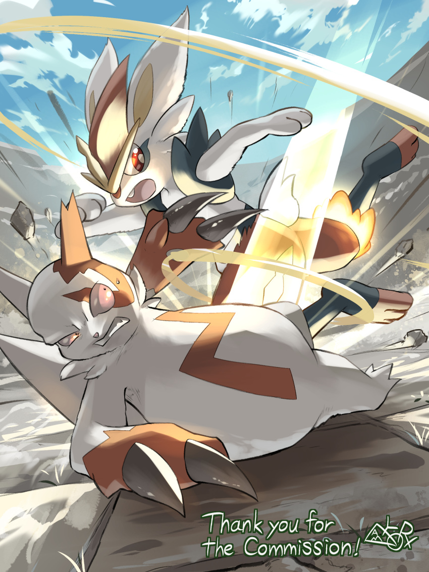 absurdres blue_sky cinderace claws clouds colored_sclera day english_text fighting hakkentai_pokedan highres kicking no_humans open_mouth outdoors pokemon pokemon_(creature) red_sclera sky stone_floor watermark zangoose