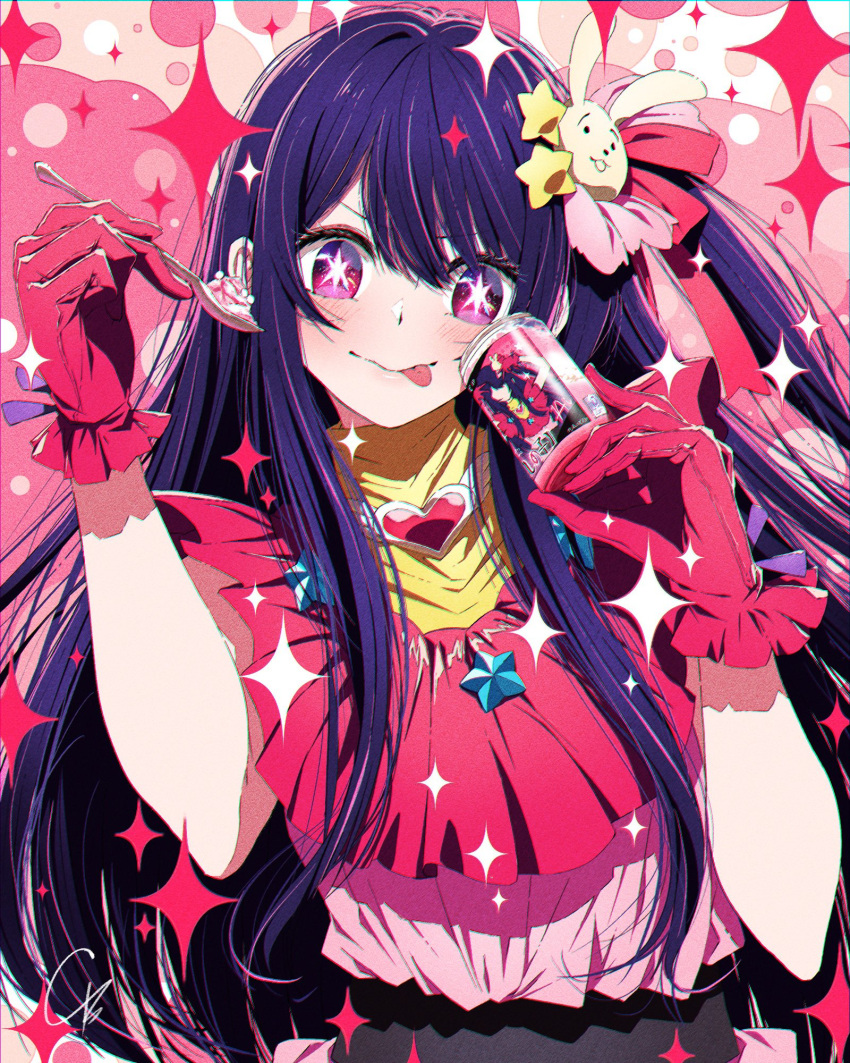 1girl 4b-enpitsu blush brooch cake can chromatic_aberration closed_mouth commentary dress film_grain food frilled_gloves frills gloves hair_ornament hair_ribbon heart heart_brooch highres holding holding_can holding_spoon hoshino_ai_(oshi_no_ko) idol idol_clothes jewelry long_hair looking_at_viewer merchandise one_side_up oshi_no_ko pink_dress purple_gloves purple_hair purple_ribbon rabbit_hair_ornament ribbon sidelocks signature solo spoon star-shaped_pupils star_(symbol) star_hair_ornament symbol-shaped_pupils tongue tongue_out turtleneck_dress upper_body violet_eyes