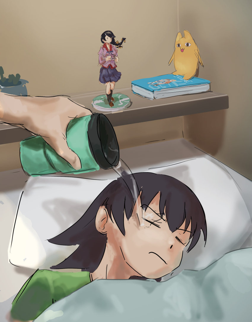 2girls absurdres azumanga_daioh bed blanket ch character_request cup figure highres liamickpie mihama_chiyo's_father monogatari_(series) multiple_girls on_bed pillow plant potted_plant sleeping solo_focus takino_tomo water