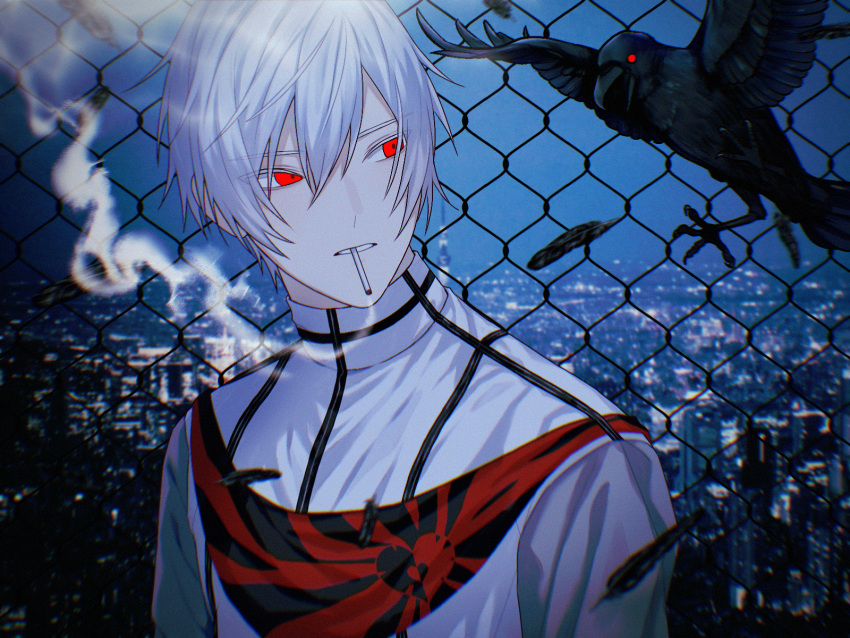 1boy bird black_feathers blue_hair chain-link_fence city_lights cityscape feathers fence general_(module) hair_between_eyes highres kaito_(vocaloid) light_blue_hair looking_at_animal male_focus military_uniform night pale_skin parted_lips project_diva_(series) red_eyes samecan short_hair smoking solo tobacco uniform upper_body vocaloid