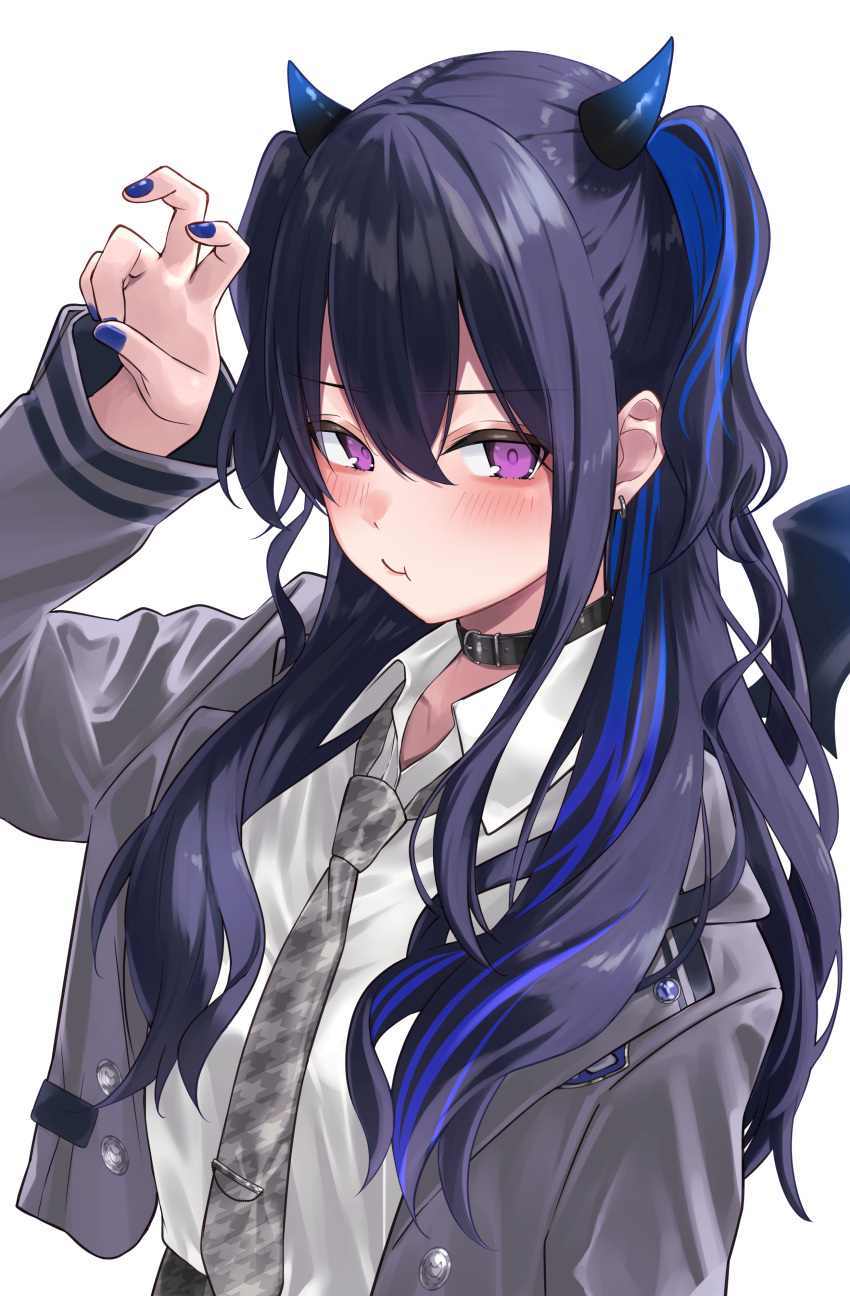 1girl absurdres belt belt_choker bent_v black_belt black_hair blue_hair blue_nails blush closed_mouth collared_shirt commentary_request demon_girl demon_horns demon_wings earrings grey_jacket grey_necktie hair_between_eyes hand_up highres horns ichinose_uruha jacket jewelry long_hair long_sleeves looking_at_viewer multicolored_hair nail_polish necktie nisi_ki_no open_clothes open_jacket pout shirt sidelocks simple_background solo streaked_hair two_side_up upper_body violet_eyes virtual_youtuber vspo! white_background white_shirt wings