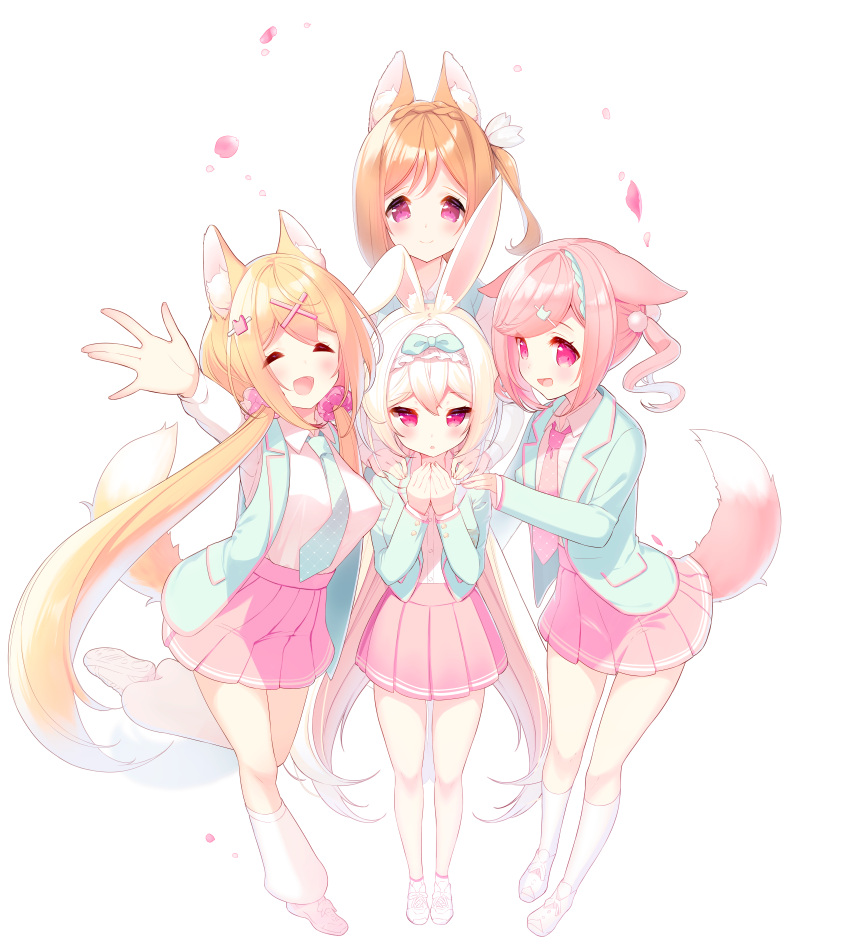 4girls :d ^_^ absurdres amamiya_aki amamiya_mei animal_ear_fluff animal_ears arm_up blazer blonde_hair blue_jacket blue_vest blush breasts brown_hair closed_eyes closed_mouth collared_shirt cynthia_riddle facing_viewer fox_ears fox_girl fox_tail hair_ornament hairband hairclip highres jacket long_hair looking_at_viewer loose_socks low_twintails medium_breasts milia_leclerc mofu-mofu_after_school mofumofu_channel multiple_girls necktie open_clothes open_jacket outstretched_arm p19 petals pink_hair pink_necktie pink_skirt pleated_skirt rabbit_ears school_uniform shirt shoes siblings simple_background sisters skirt smile socks standing standing_on_one_leg tail twintails very_long_hair vest violet_eyes white_background white_footwear white_hair white_hairband white_shirt white_socks x_hair_ornament