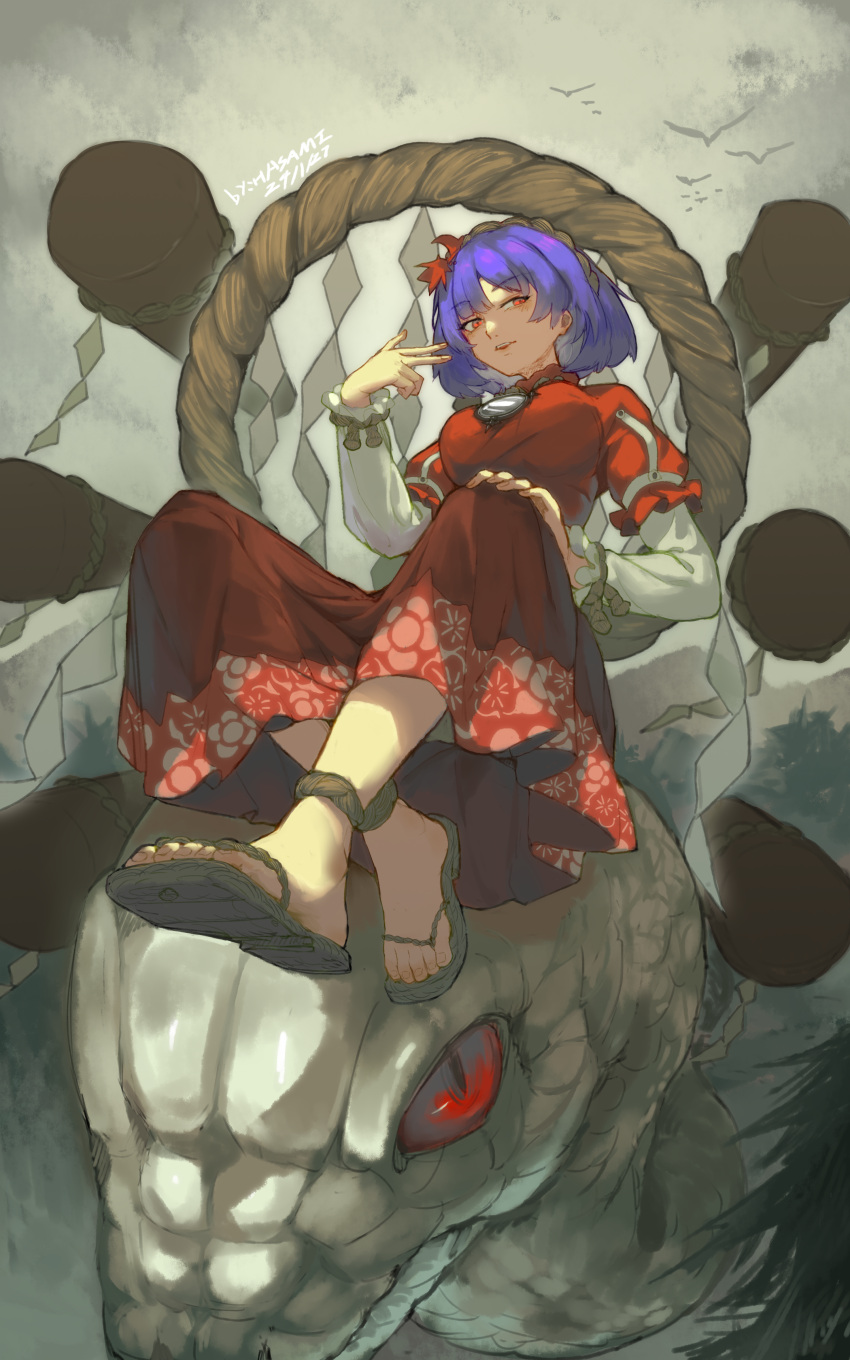 1girl absurdres animal ankleband artist_name breasts floral_print full_body grey_background hair_ornament highres hua_ha_jiazi layered_sleeves leaf_hair_ornament long_skirt long_sleeves looking_at_viewer mirror outdoors print_skirt purple_hair red_eyes red_shirt red_skirt rope sandals scales shimenawa shirt short_hair short_over_long_sleeves short_sleeves sitting sitting_on_animal skirt slit_pupils snake solo tassel touhou white_scales white_snake yasaka_kanako