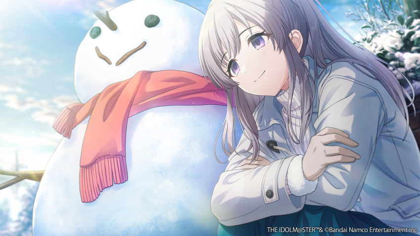 1girl blue_sky commentary_request day gloves grey_hair highres idolmaster idolmaster_shiny_colors idolmaster_shiny_colors_song_for_prism jacket long_hair noctchill_(idolmaster) official_art outdoors scarf sky smile snowman solo squatting sweater turtleneck turtleneck_sweater twintails upper_body violet_eyes winter yukoku_kiriko