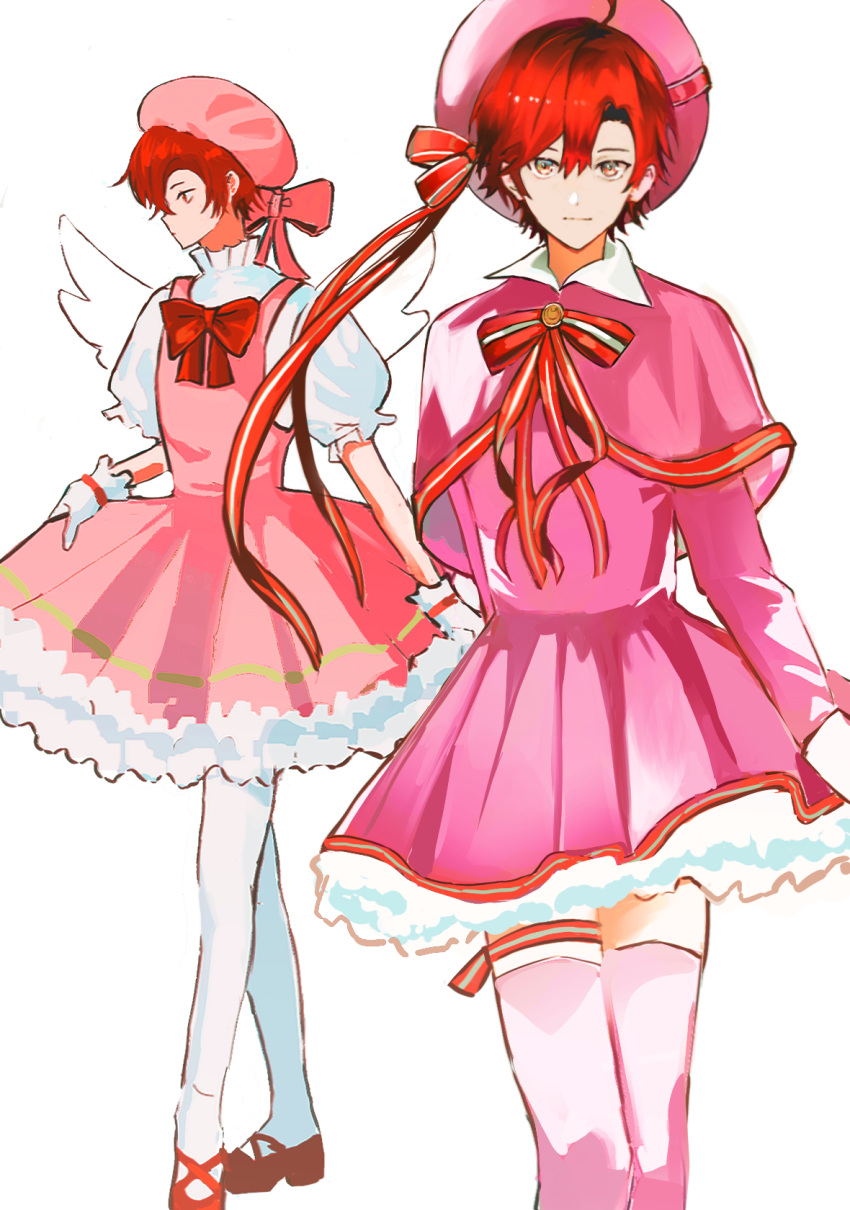 1boy angel_wings bonnet bow bowtie capelet cardcaptor_sakura cosplay crossdressing dress english_commentary facing_viewer frilled_shirt frills full_body gloves hair_between_eyes hat highres holostars holostars_english kinomoto_sakura kinomoto_sakura_(cosplay) lau_135 looking_at_viewer machina_x_flayon male_focus multicolored_eyes pantyhose pink_capelet pink_dress pink_headwear pink_thighhighs red_bow red_bowtie red_footwear red_ribbon redhead ribbon shirt shirt_under_dress short_hair sketch standing thigh-highs virtual_youtuber white_background white_gloves white_pantyhose wings