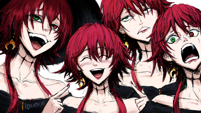 1girl bare_shoulders black_choker choker commentary crescent crescent_earrings crimson_(ragna_crimson) earrings eyebrows_hidden_by_hair frown green_eyes heterochromia highres ibumuc jewelry off_shoulder open_mouth pointing pointing_at_self ragna_crimson red_eyes redhead short_hair_with_long_locks smile