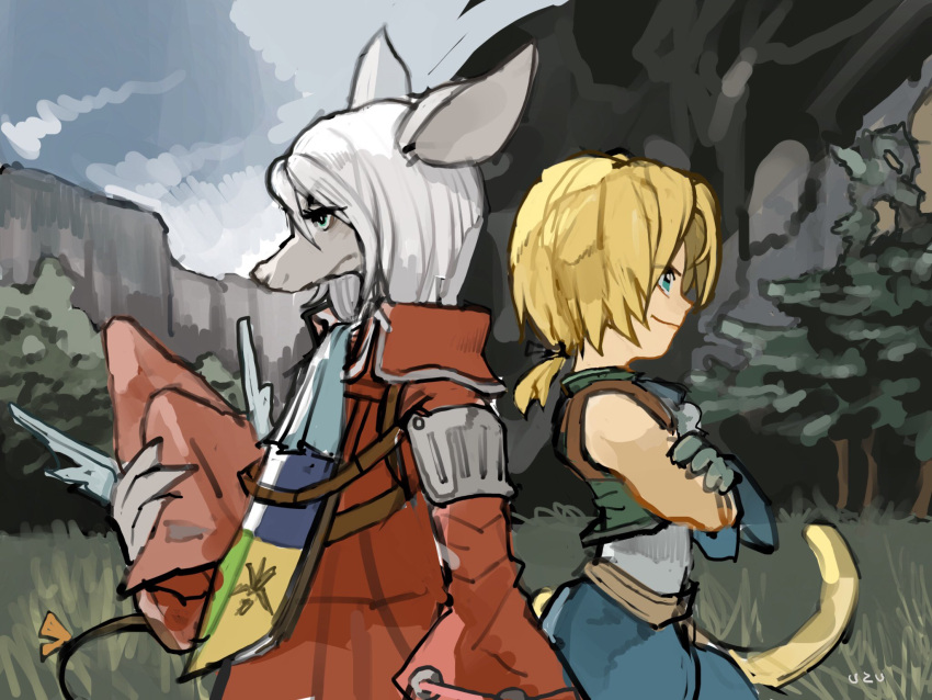 1boy 1girl animal_ears aqua_vest armor ascot back-to-back bare_shoulders blonde_hair blue_ascot blue_pants burmecian claws closed_mouth coat colored_skin cropped_vest crossed_arms final_fantasy final_fantasy_ix freija_crescent gloves grass grey_gloves grey_skin hair_between_eyes helmet highres holding holding_helmet low_ponytail medium_hair monkey_tail mouse_ears mouse_girl mouse_tail outdoors pants parted_bangs profile red_coat red_headwear ribbon shirt short_ponytail shoulder_armor sketch sleeveless sleeveless_shirt smile tail tail_ornament tail_ribbon tree upper_body uzutanco valley vest white_hair white_shirt winged_helmet zidane_tribal