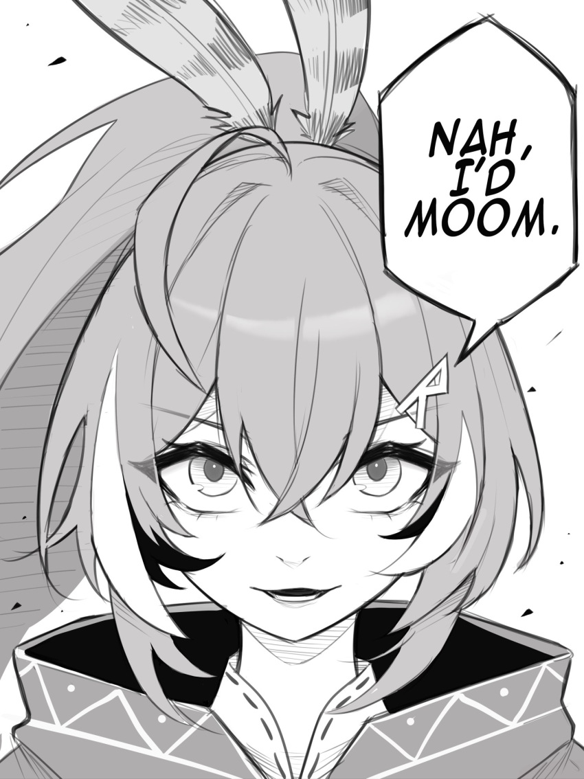 1girl ahoge cloak commentary crossed_bangs double-parted_bangs english_commentary english_text facing_viewer feather_hair_ornament feathers greyscale hair_ornament hairclip highres hololive hololive_english long_hair m_r_b meme monochrome multicolored_hair nah_i'd_win_(meme) nanashi_mumei nanashi_mumei_(1st_costume) ponytail solo streaked_hair virtual_youtuber