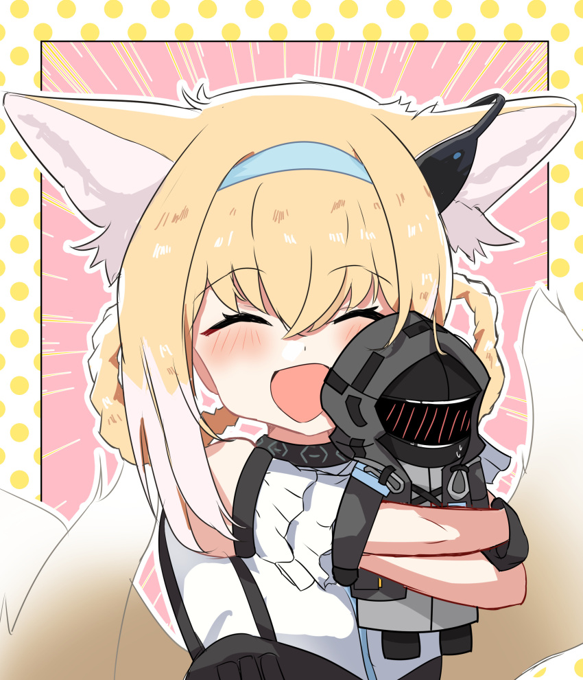 1girl ^_^ absurdres akabeko123 animal_ear_fluff animal_ears arknights blonde_hair blue_hairband braid braided_hair_rings character_doll closed_eyes colored_tips commentary_request doctor_(arknights) earpiece fox_ears fox_girl fox_tail hair_between_eyes hair_rings hairband highres hugging_object infection_monitor_(arknights) kitsune kyuubi multicolored_hair multiple_tails open_mouth short_hair solo suzuran_(arknights) tail twin_braids two-tone_hair upper_body white_hair