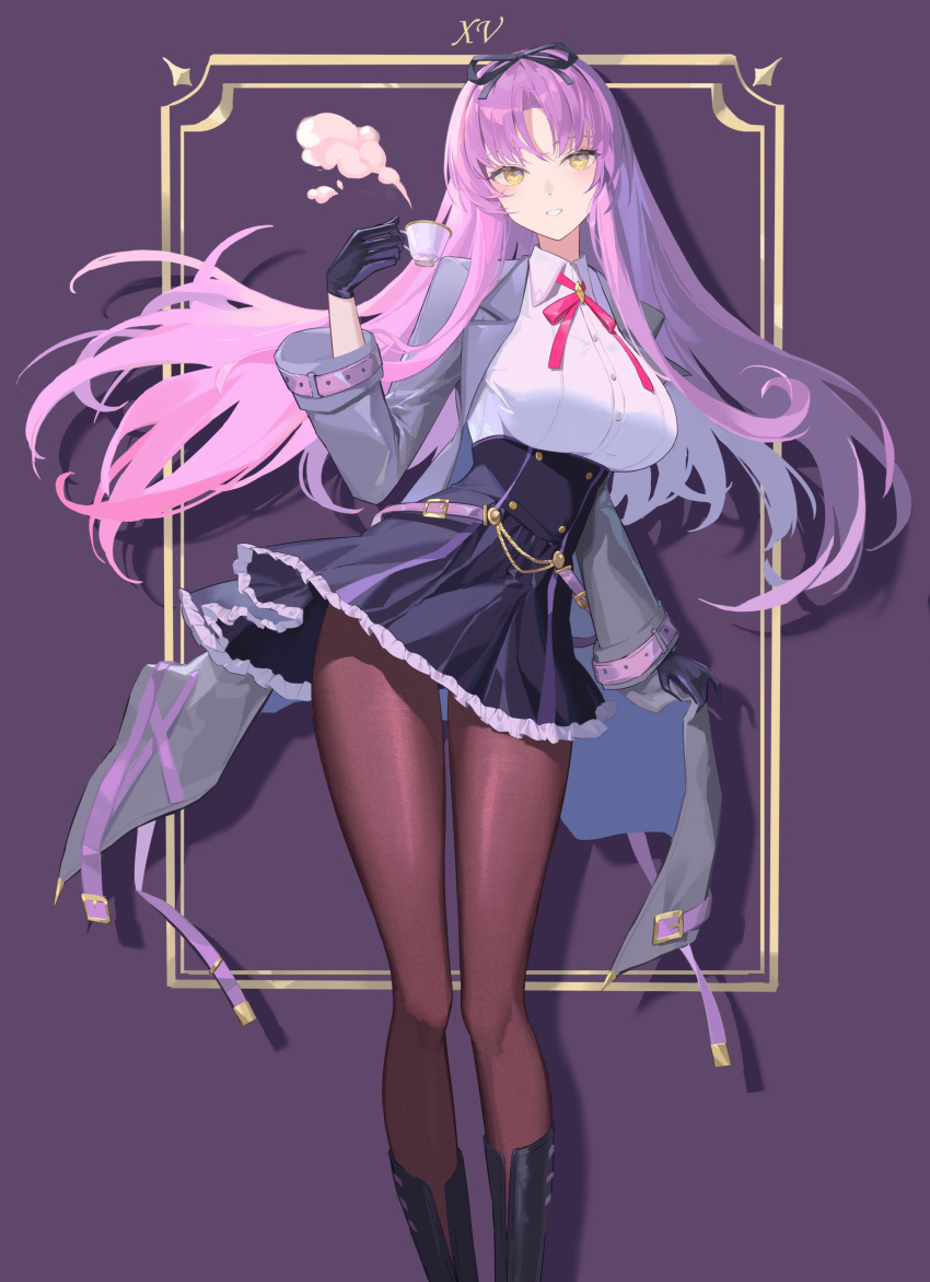 1girl absurdres black_gloves boots bow breasts coat cup curtained_hair eiyuu_densetsu floating_hair gloves hair_bow highres holding holding_cup kuro_no_kiseki kuro_no_kiseki_ii large_breasts long_hair looking_at_viewer open_clothes open_coat purple_background purple_hair renne_(eiyuu_densetsu) roman_numeral senya8833 sidelocks simple_background skirt solo steam teacup thigh-highs yellow_eyes