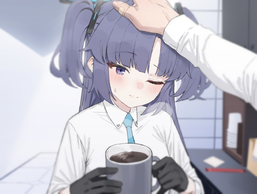 1boy 1girl aqua_necktie bandaid bandaid_on_hand blue_archive blue_eyes blue_hair closed_mouth coffee coffee_mug collared_shirt cup halo headpat highres holding holding_cup indoors light_blush long_hair mechanical_halo mochirong mug necktie office_lady one_eye_closed pov pov_hands shirt smile twintails white_shirt yuuka_(blue_archive)