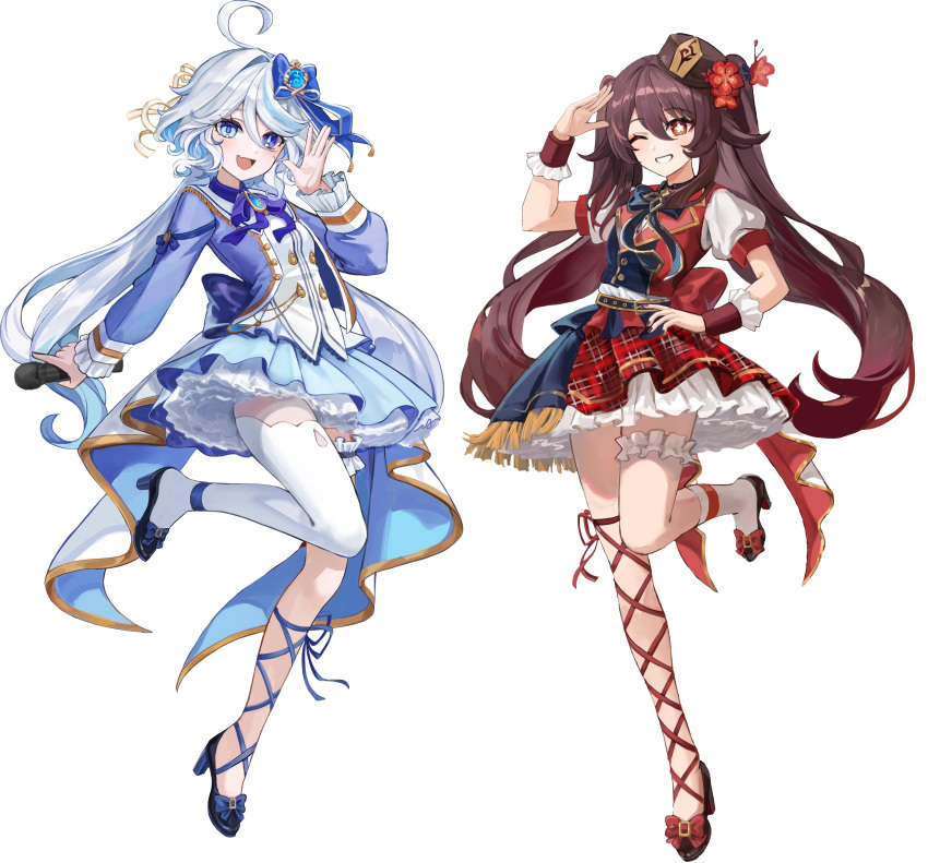 2girls absurdres ahoge alternate_costume back_bow black_footwear blue_eyes blue_hair blue_jacket blue_skirt bow bright_pupils brown_hair dasha dress drop-shaped_pupils fang flower-shaped_pupils full_body furina_(genshin_impact) genshin_impact hair_between_eyes heterochromia high_heels highres holding holding_microphone hu_tao_(genshin_impact) jacket long_hair long_sleeves looking_at_viewer microphone mismatched_pupils multicolored_hair multiple_girls one_eye_closed open_mouth parted_lips red_bow red_dress red_eyes revision short_sleeves simple_background single_sock single_thighhigh skirt smile socks solo standing standing_on_one_leg streaked_hair symbol-shaped_pupils teeth thigh-highs twintails white_background white_hair white_pupils white_socks white_thighhighs