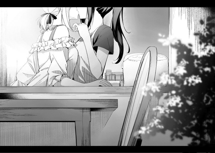 2girls absurdres apron blurry chair commentary corrupted_twitter_file depth_of_field greyscale hair_ribbon head_out_of_frame highres indoors inoue_takina kiss letterboxed long_hair lycoris_recoil monochrome multiple_girls musihara nishikigi_chisato off-shoulder_shirt off_shoulder pajamas ponytail ribbon screentones shirt short_hair short_sleeves sidelocks table yuri