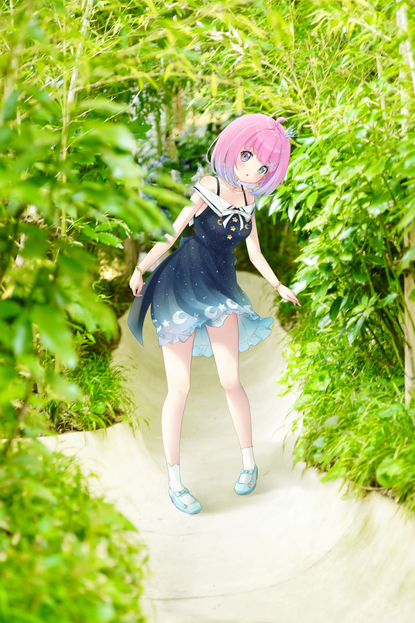 1girl 4kimizuki :o absurdres arms_at_sides blue_dress blue_footwear blush bob_cut breasts candy_hair_ornament crescent crescent_necklace crescent_print dress food-themed_hair_ornament full_body gradient_dress gradient_hair green_eyes hair_ornament hairclip head_tilt heterochromia highres himemori_luna himemori_luna_(sundress) hololive jewelry looking_at_viewer mary_janes medium_hair multicolored_hair necklace off-shoulder_dress off_shoulder official_alternate_costume official_alternate_hair_length official_alternate_hairstyle open_mouth photo_background pink_hair print_dress purple_hair sailor_collar sailor_dress shoes short_dress sleeveless sleeveless_dress small_breasts socks solo starry_sky_print swept_bangs violet_eyes virtual_youtuber white_sailor_collar white_socks