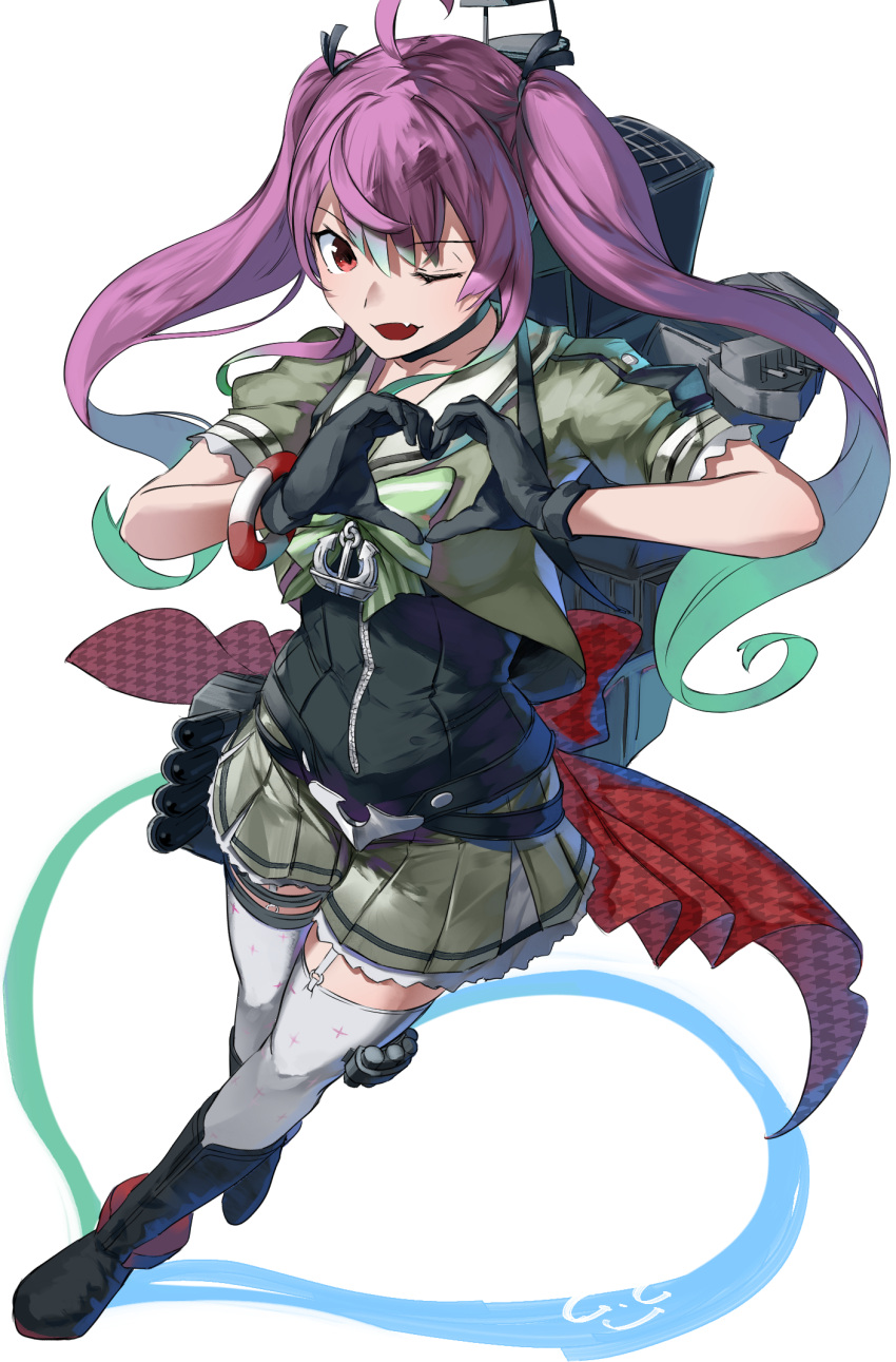 1girl adapted_turret ahoge anchor anti-aircraft anti-aircraft_gun black_gloves blush boots bow bowtie cannon fang full_body gegeron gloves gradient_hair green_bow green_bowtie green_hair grey_sailor_collar grey_skirt heart heart_hands highres kantai_collection long_hair machinery mast momo_(kancolle) multicolored_hair multiple_girls one_eye_closed open_mouth pink_hair pleated_skirt red_eyes rigging sailor_collar sailor_shirt school_uniform serafuku shirt signature simple_background skin_fang skirt smokestack solo sparkle_print thigh-highs torpedo torpedo_launcher torpedo_tubes turret twintails white_background zipper_pull_tab