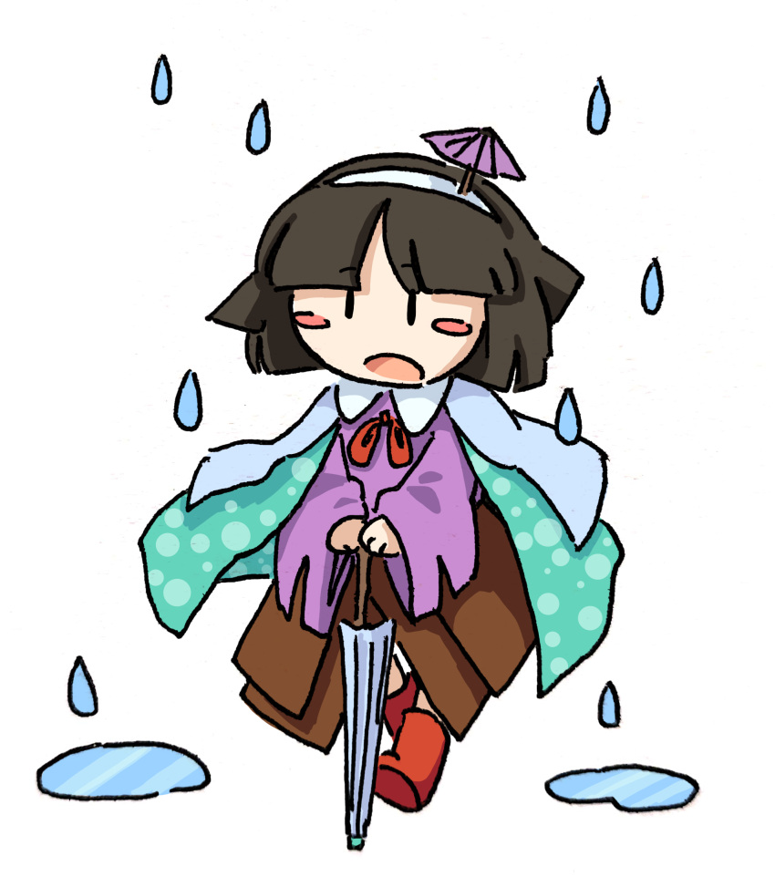 1other absurdres amanomiya_jun androgynous aqua_cape baila_kuangzi black_hair blue_umbrella blush_stickers boots bow bowtie brown_skirt cape chibi chinese_commentary closed_umbrella collared_shirt commentary_request hairband highres holding holding_umbrella len'en long_sleeves no_nose open_mouth other_focus pink_shirt puddle rain red_bow red_bowtie red_footwear shirt short_hair skirt solo umbrella umbrella_hair_ornament white_hairband wide_sleeves