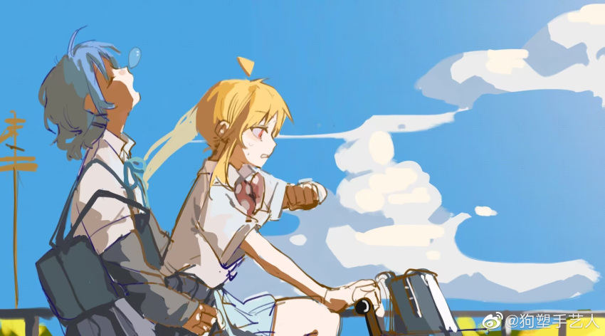 2girls ahoge backpack bag bicycle blonde_hair blue_bag blue_bow blue_bowtie blue_hair blue_jacket blue_skirt blue_sky blue_sleeves bocchi_the_rock! bow bowtie chinese_commentary clenched_teeth closed_eyes clouds collared_shirt commentary_request cowboy_shot day eyelashes from_side hand_on_another's_waist head_tilt highres hill ijichi_nijika jacket jacket_partially_removed lingyi long_hair long_sleeves looking_at_watch miniskirt multiple_girls nose_bubble open_mouth outdoors polka_dot_bowtie power_lines railing red_bow red_bowtie red_eyes riding riding_bicycle school_uniform shirt short_hair short_sleeves shuka_high_school_uniform side_ponytail skirt sky sleeping sweatdrop teeth tree watch watch watermark weibo_logo weibo_username white_shirt white_sleeves yamada_ryo