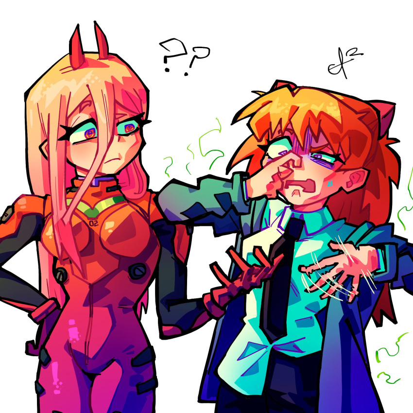 2girls ? ?? alpharecdyt black_necktie bodysuit chainsaw_man closed_mouth collared_shirt cosplay costume_switch hair_between_eyes highres horns long_hair looking_at_another multiple_girls necktie neon_genesis_evangelion open_mouth pink_hair plugsuit power_(chainsaw_man) red_bodysuit red_eyes redhead shirt simple_background smell souryuu_asuka_langley white_background white_shirt