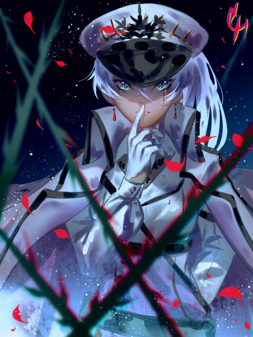 1girl arm_behind_back artist_name blue_eyes blurry cape coconuthound depth_of_field earrings falling_petals finger_to_own_chin gloves hair_between_eyes hat highres jewelry long_hair looking_at_viewer military_hat military_uniform night night_sky petals ponytail rwby rwby_ice_queendom scar scar_across_eye sky snow snowing solo star_(sky) starry_sky tears thorns uniform weiss_schnee white_cape white_gloves white_hair white_headwear