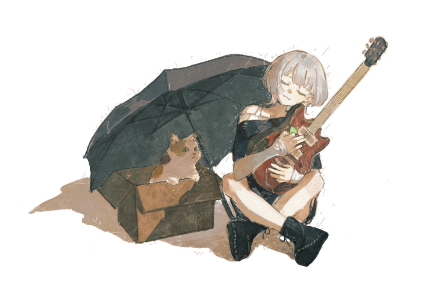 1girl :3 bang_dream! bang_dream!_it's_mygo!!!!! black_footwear black_shirt black_umbrella boots box cardboard_box cat character_request closed_eyes closed_mouth commentary electric_guitar english_commentary full_body grey_hair guitar highres holding holding_guitar holding_instrument holding_plectrum instrument ochano off-shoulder_shirt off_shoulder plectrum rain shirt short_sleeves simple_background sitting solo umbrella white_background