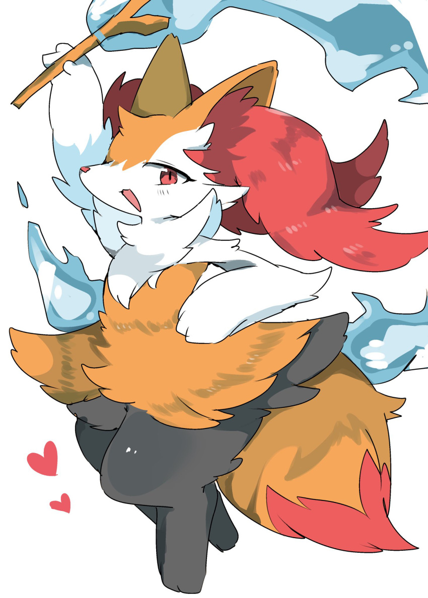 1girl :3 animal_ear_fluff animal_ears animal_nose arm_up black_fur blue_fire body_fur braixen commentary fire flat_chest fox_ears fox_girl fox_tail full_body furry furry_female hand_on_own_hip happy heart higetsu_rin highres holding holding_stick looking_at_viewer multicolored_fur neck_fur open_mouth pokemon pokemon_(creature) red_eyes sideways_mouth smile snout solo standing stick tail thick_thighs thighs white_background white_fur wide_hips yellow_fur