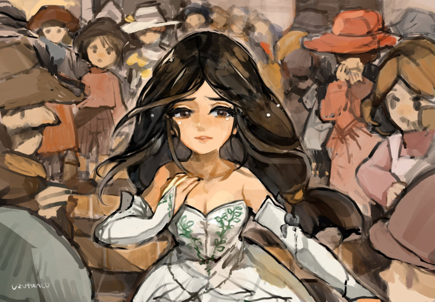 artist_name bare_shoulders blunt_ends breasts bridal_gauntlets brown_eyes brown_hair closed_mouth crowd crying detached_sleeves dress final_fantasy final_fantasy_ix garnet_til_alexandros_xvii hand_on_own_chest highres long_hair low-tied_long_hair medium_breasts parted_bangs parted_lips strapless strapless_dress tears upper_body uzutanco white_dress white_sleeves