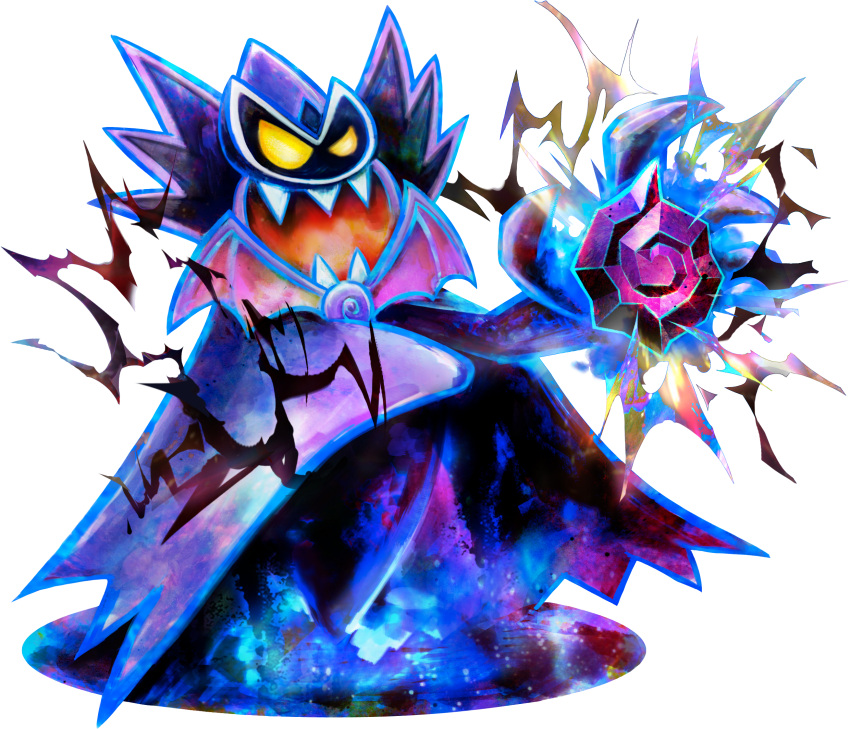 antasma artist_request bat_brooch cape collared_cape colored_skin crystal high_collar highres holding_rock lightning looking_at_object mario_&amp;_luigi:_dream_team mario_&amp;_luigi_rpg nightmare_stone official_art open_mouth purple_cape purple_skin sharp_teeth smile solid_eyes solo super_mario_bros. teeth torn_cape torn_clothes transparent_background v-shaped_eyes yellow_eyes