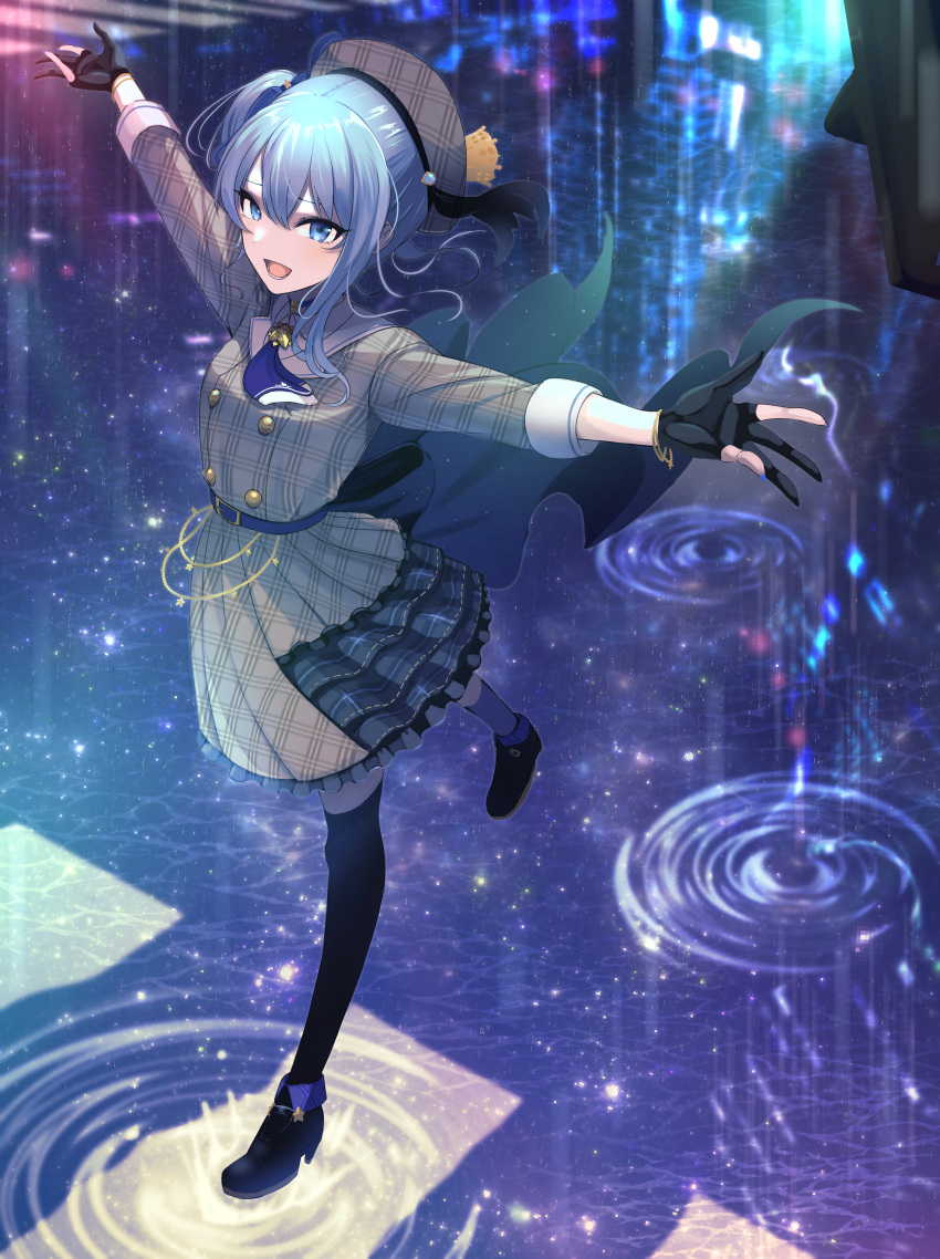 :d absurdres arms_up ascot belt black_cape black_footwear black_gloves black_thighhighs blue_ascot blue_belt blue_eyes blue_hair boots buttons cape crown dress frills gloves grey_dress hat highres hololive hoshimachi_suisei light_particles long_sleeves looking_at_viewer mini_crown nanahoshi_kou one_side_up open_mouth outstretched_arms partially_fingerless_gloves plaid plaid_dress plaid_headwear reflection reflective_water ripples single_sidelock smile standing standing_on_one_leg star_(symbol) thigh-highs virtual_youtuber