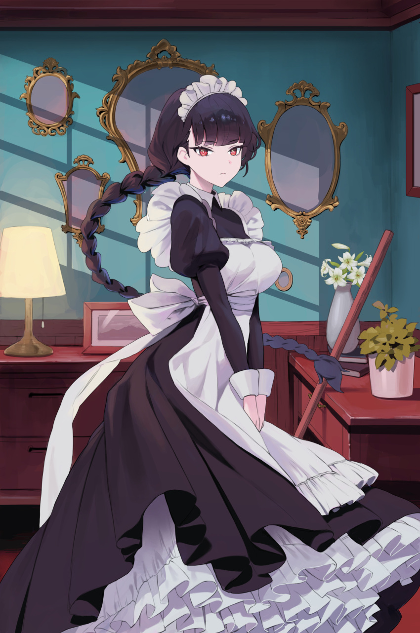 1girl alternate_costume apron black_hair black_halo blue_archive braid breasts bright_pupils byocho desk_lamp dress enmaided frilled_apron frills halo highres juliet_sleeves lamp large_breasts long_dress long_hair long_sleeves maid maid_apron maid_headdress own_hands_together puffy_sleeves red_eyes rio_(blue_archive) single_braid sleeve_cuffs vase victorian_maid white_apron white_pupils