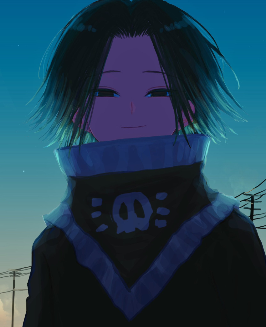 1boy aota_uno backlighting black_cloak black_hair brown_eyes cloak closed_mouth day feitan_portor gradient_sky green_hair half-closed_eyes highres hunter_x_hunter looking_at_viewer male_focus parted_bangs power_lines short_hair skull_print sky smile solo straight-on turtleneck twilight upper_body utility_pole