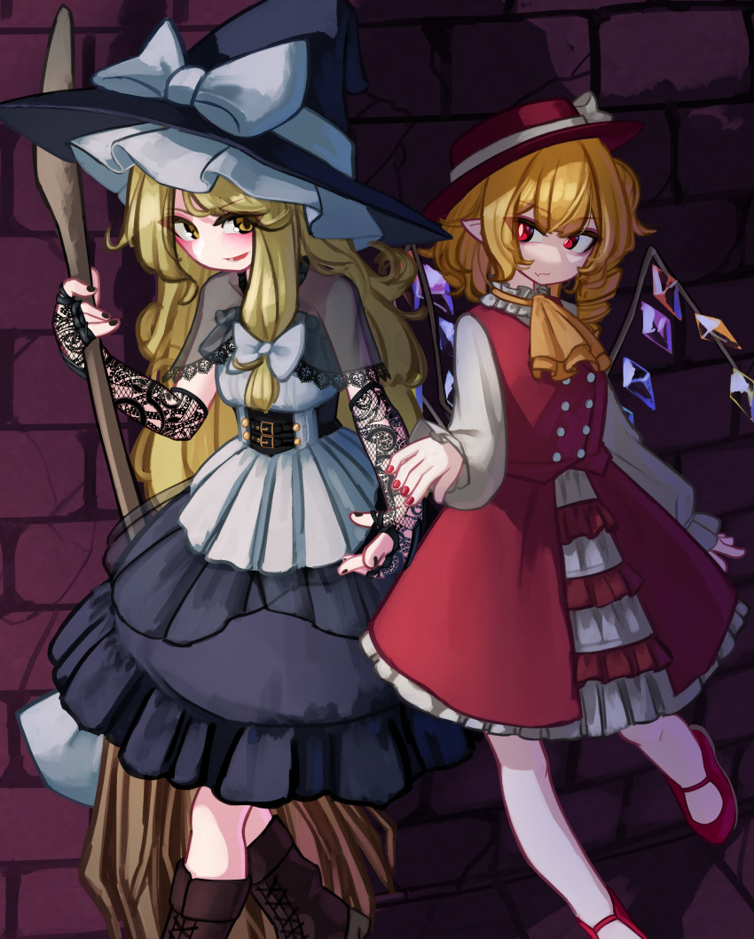 2girls absurdres adapted_costume ascot black_corset black_dress black_gloves black_headwear blonde_hair blush boots bow brick_wall broom brown_footwear collar corset dress drill_hair fingerless_gloves flandre_scarlet frilled_collar frilled_hat frilled_skirt frills full_body gloves hair_between_eyes hair_bow hat hat_bow highres holding holding_broom kirisame_marisa long_hair looking_at_another looking_at_viewer mary_janes multiple_girls off-shoulder_dress off_shoulder open_mouth red_eyes red_footwear red_headwear red_nails red_skirt red_vest see-through see-through_capelet see-through_dress see-through_gloves shoes side_drill single_sidelock skirt touhou two-tone_dress vest white_bow white_dress yellow_ascot yellow_eyes zakozako_y