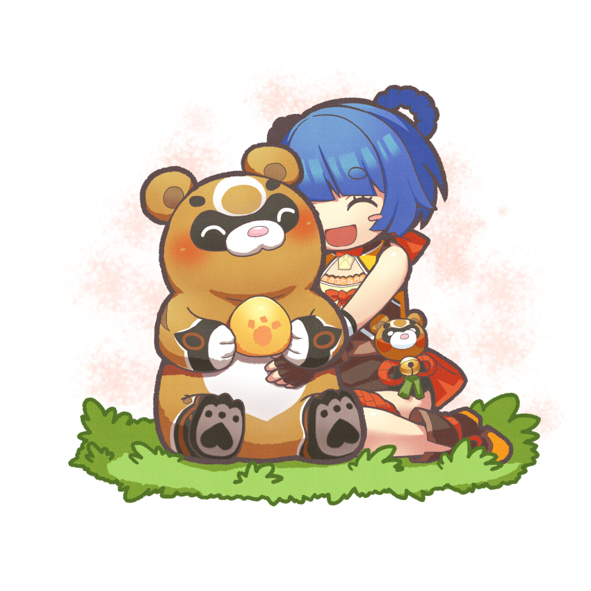 1girl ^_^ blue_hair blush_stickers braid braided_hair_rings chibi chinese_clothes closed_eyes fingerless_gloves food friends full_body genshin_impact gloves grass guoba_(genshin_impact) hair_rings happy highres holding holding_food hug kara_age on_grass open_mouth panda sitting smile xiangling_(genshin_impact)