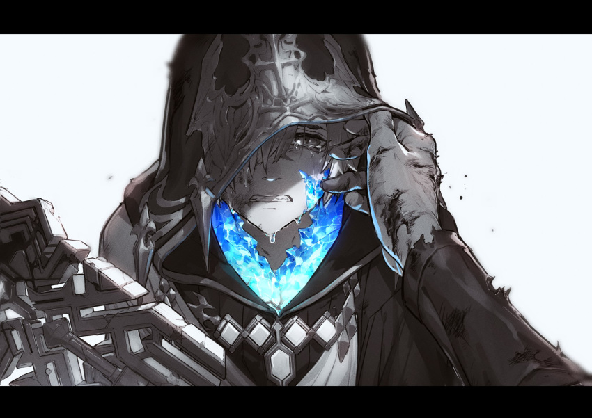 1boy blood blood_on_hands bruise bruise_on_face clenched_teeth commentary crying crying_with_eyes_open crystal crystal_exarch crystallization cuts facial_mark final_fantasy final_fantasy_xiv g'raha_tia glowing hair_between_eyes highres hood hood_up hooded_robe injury letterboxed looking_at_viewer male_focus miqo'te monochrome ogata_tomio one_eye_covered out_of_frame portrait pov pov_hands robe sepia short_hair simple_background solo_focus spot_color staff straight-on tears teeth torn_clothes torn_sleeves white_background